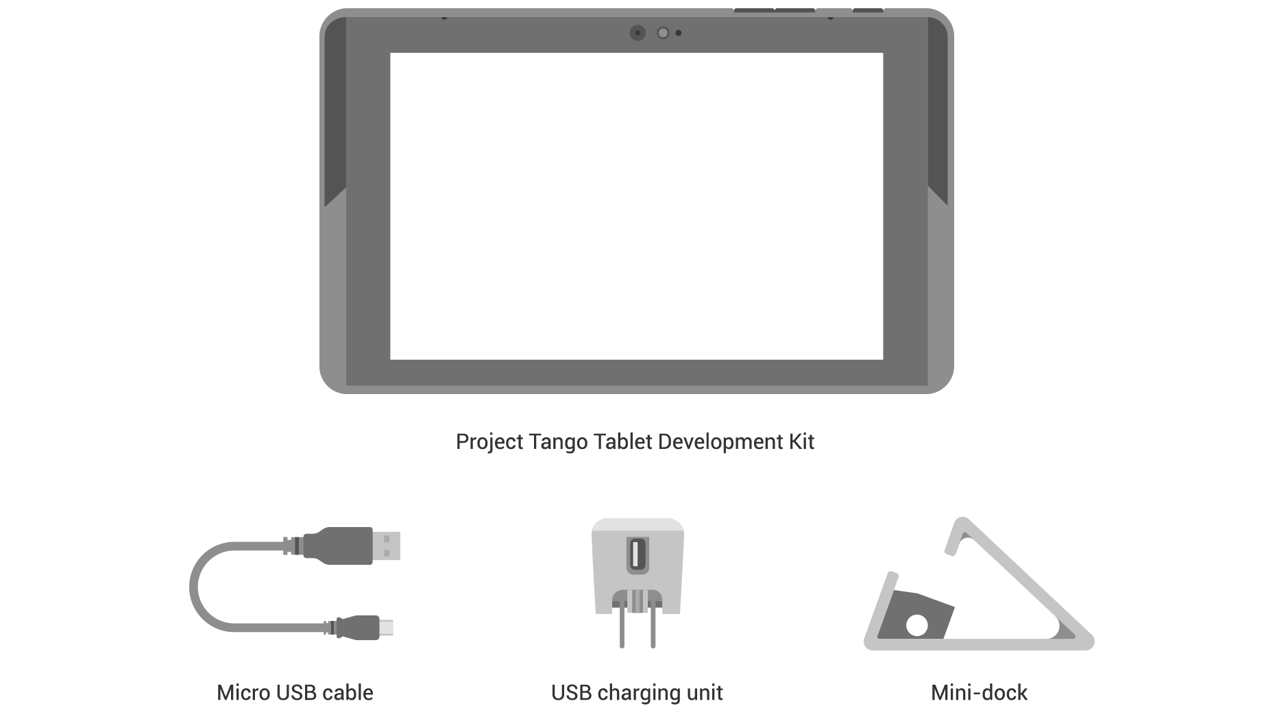 The Project Tango Tablet Development Kit comes with a Project Tango
         Tablet Developent Kit, micro-USB cable, USB charging unit, and a
         mini-dock.