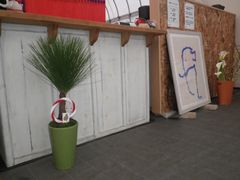 ［写真］３周年のお祝いにいただいた松の鉢植えを受付カウンター前に飾った様子